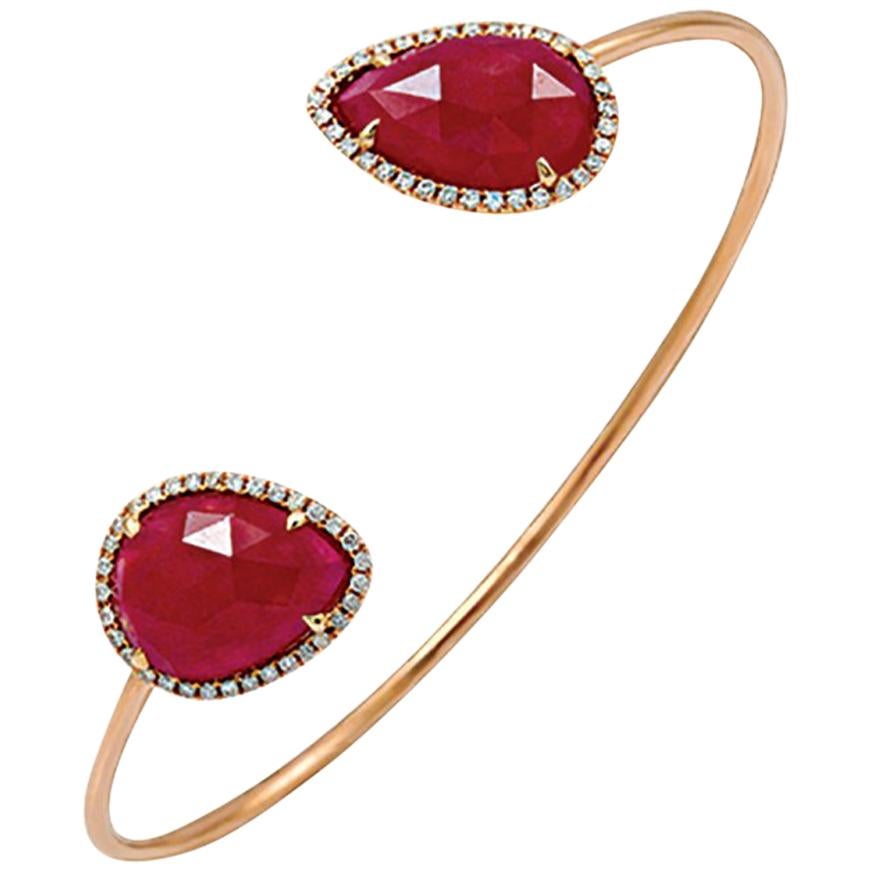 Rose Cut Sliced 12.45 Ct Ruby 0.35 Ct Diamonds 14k Rose Gold Bangle Bracelet For Sale