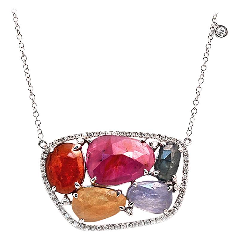 Rose Cut Sliced 12.48 Ct Multi Sapphire 0.47 Ct Diamonds 14k White Gold Necklace For Sale