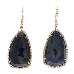Rose Cut Sliced 15 Ct Blue Sapphire 0.51 Ct Diamonds 14k Rose Gold Earrings