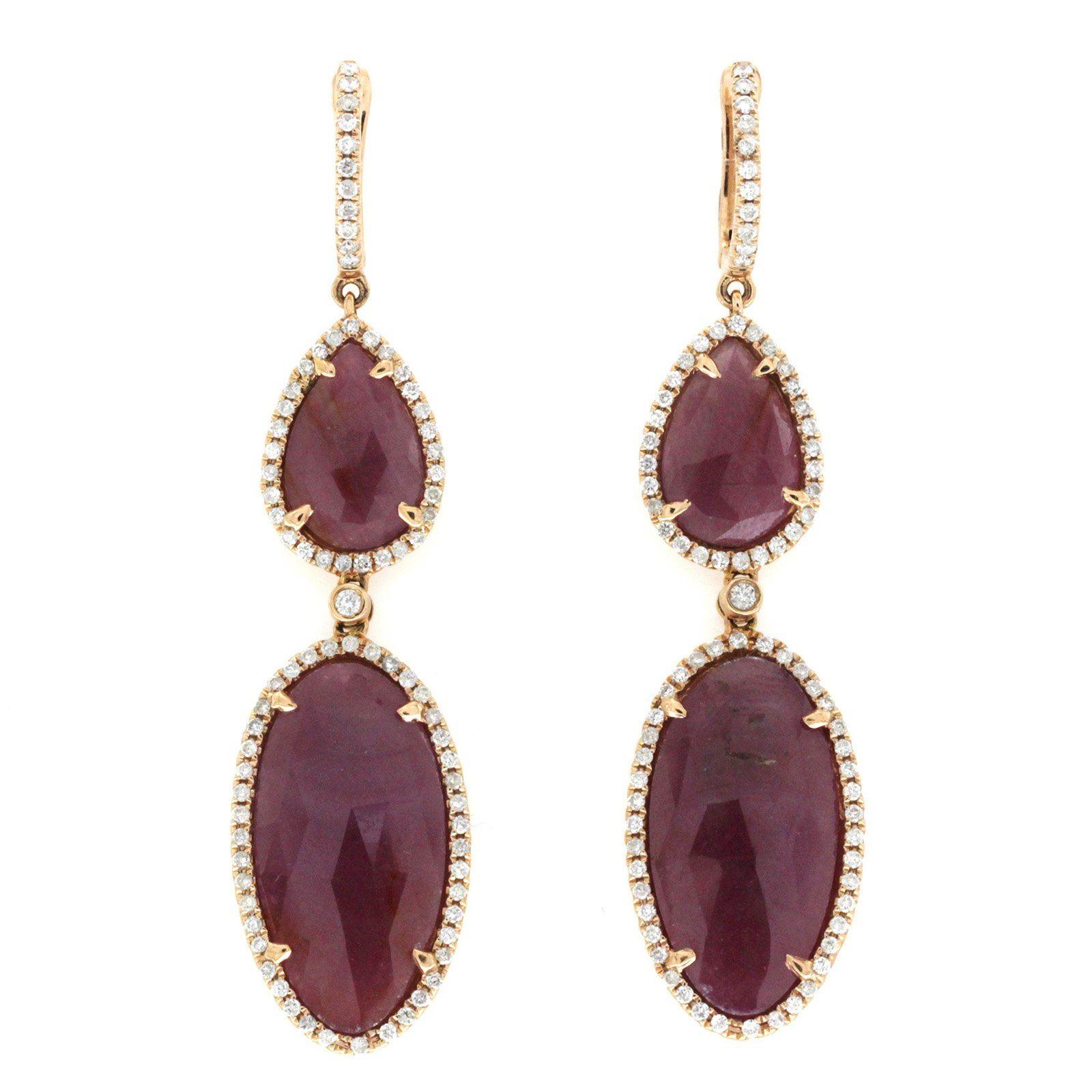 Rose Cut Sliced 16 Ct Natural Ruby 0.89 Ct Diamonds 14k Rose Gold Drop Earrings For Sale
