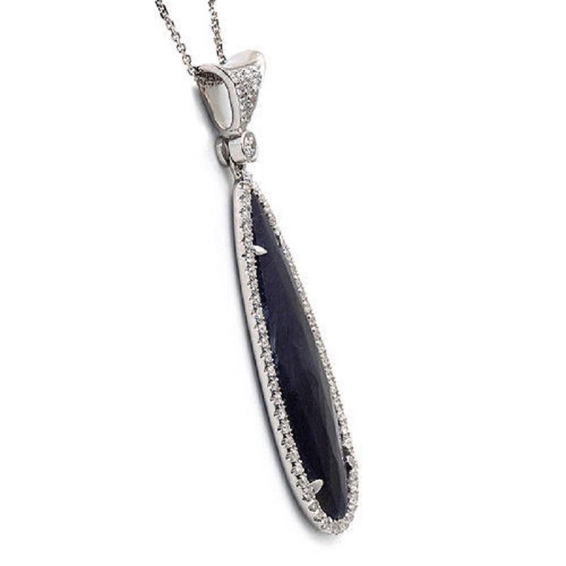 Rose Cut Sliced 26 Ct Blue Sapphire 0.58 Ct Diamonds 14k White Gold Necklace In New Condition For Sale In Los Angeles, CA