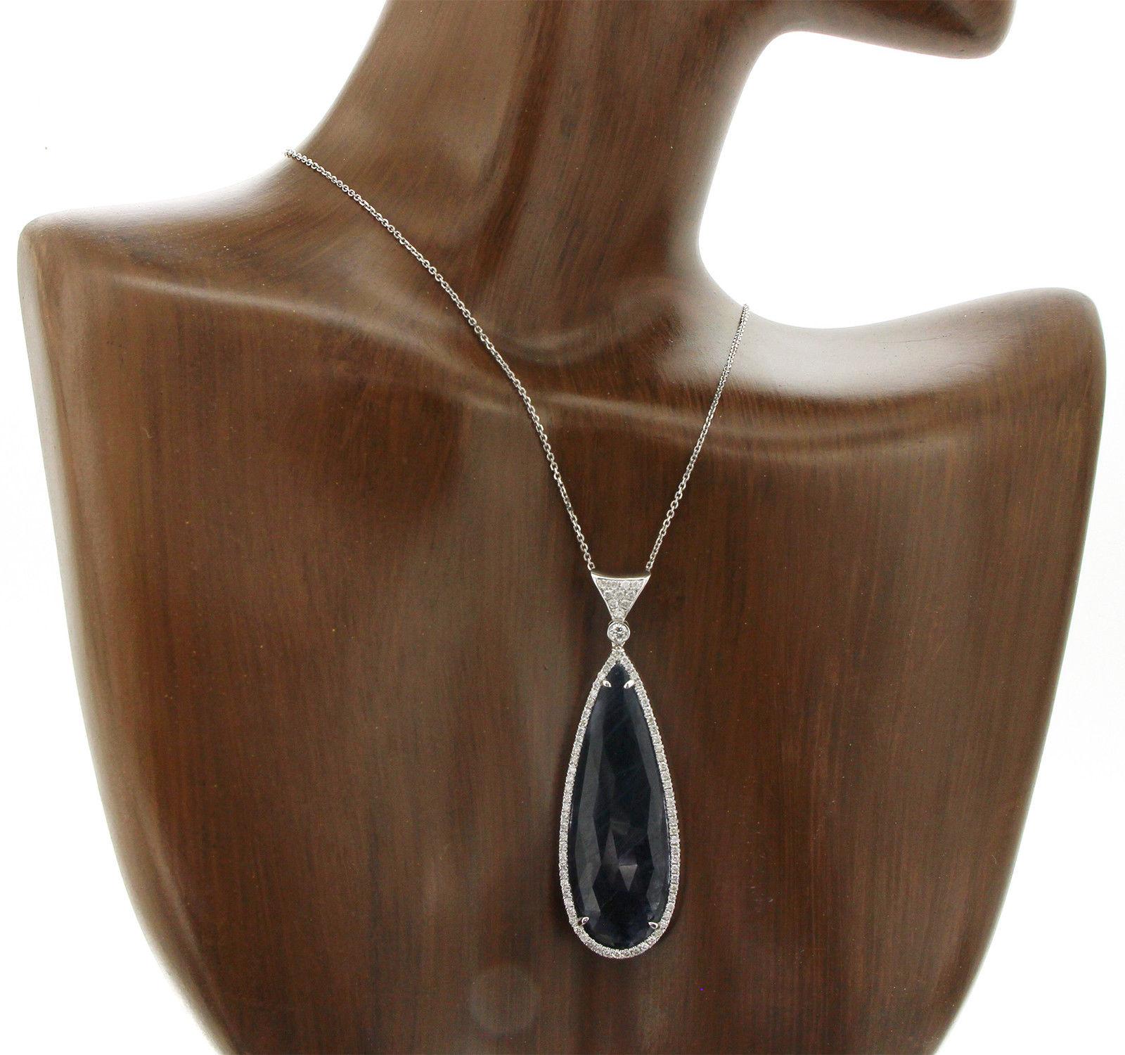 Women's Rose Cut Sliced 26 Ct Blue Sapphire 0.58 Ct Diamonds 14k White Gold Necklace For Sale
