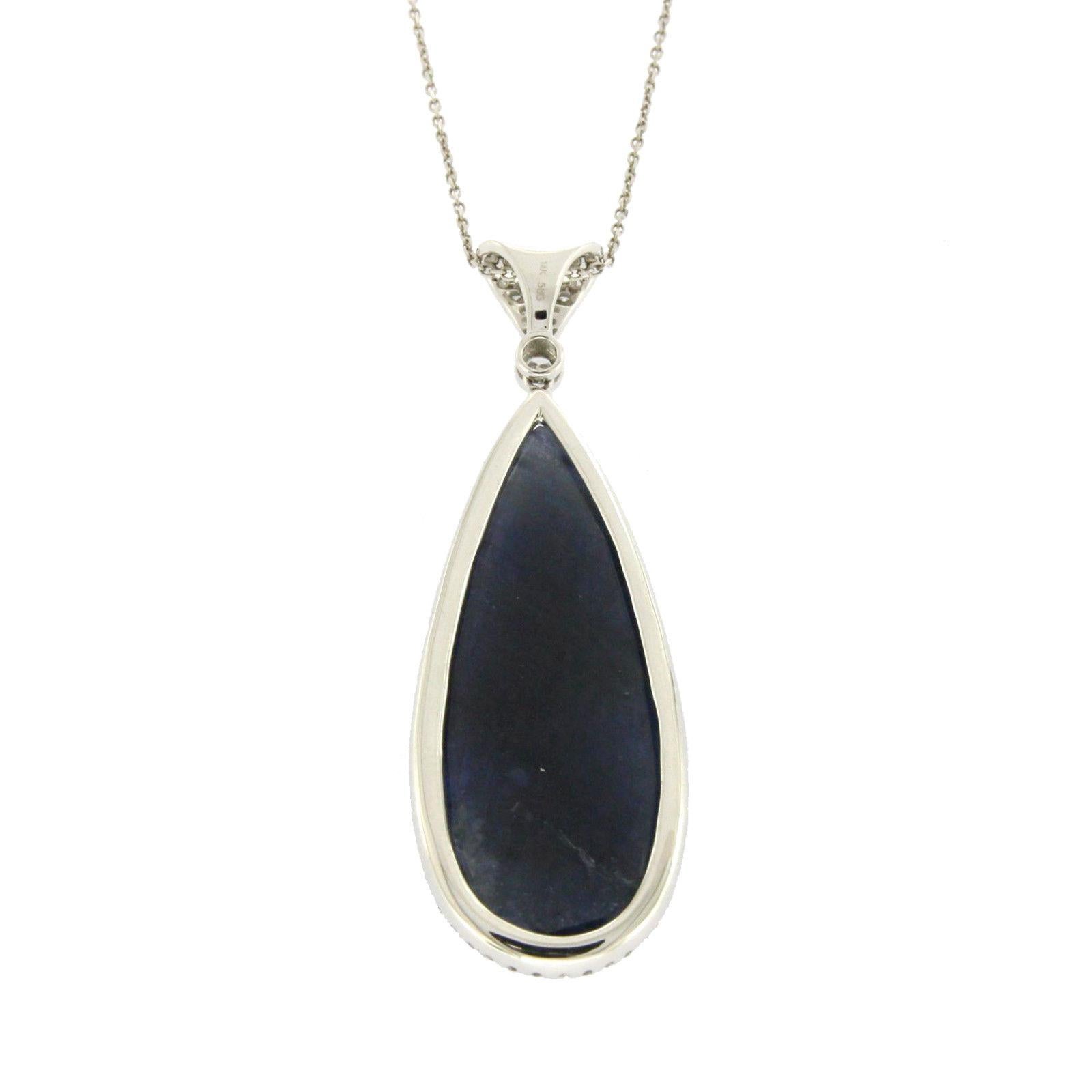 Rose Cut Sliced 26 Ct Blue Sapphire 0.58 Ct Diamonds 14k White Gold Necklace For Sale 1