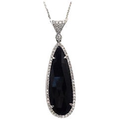 Rose Cut Sliced 26 Ct Blue Sapphire 0.58 Ct Diamonds 14k White Gold Necklace