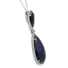 Rose Cut Sliced 27 Ct Blue Sapphire 0.43 Ct Diamonds 14k White Gold Necklace