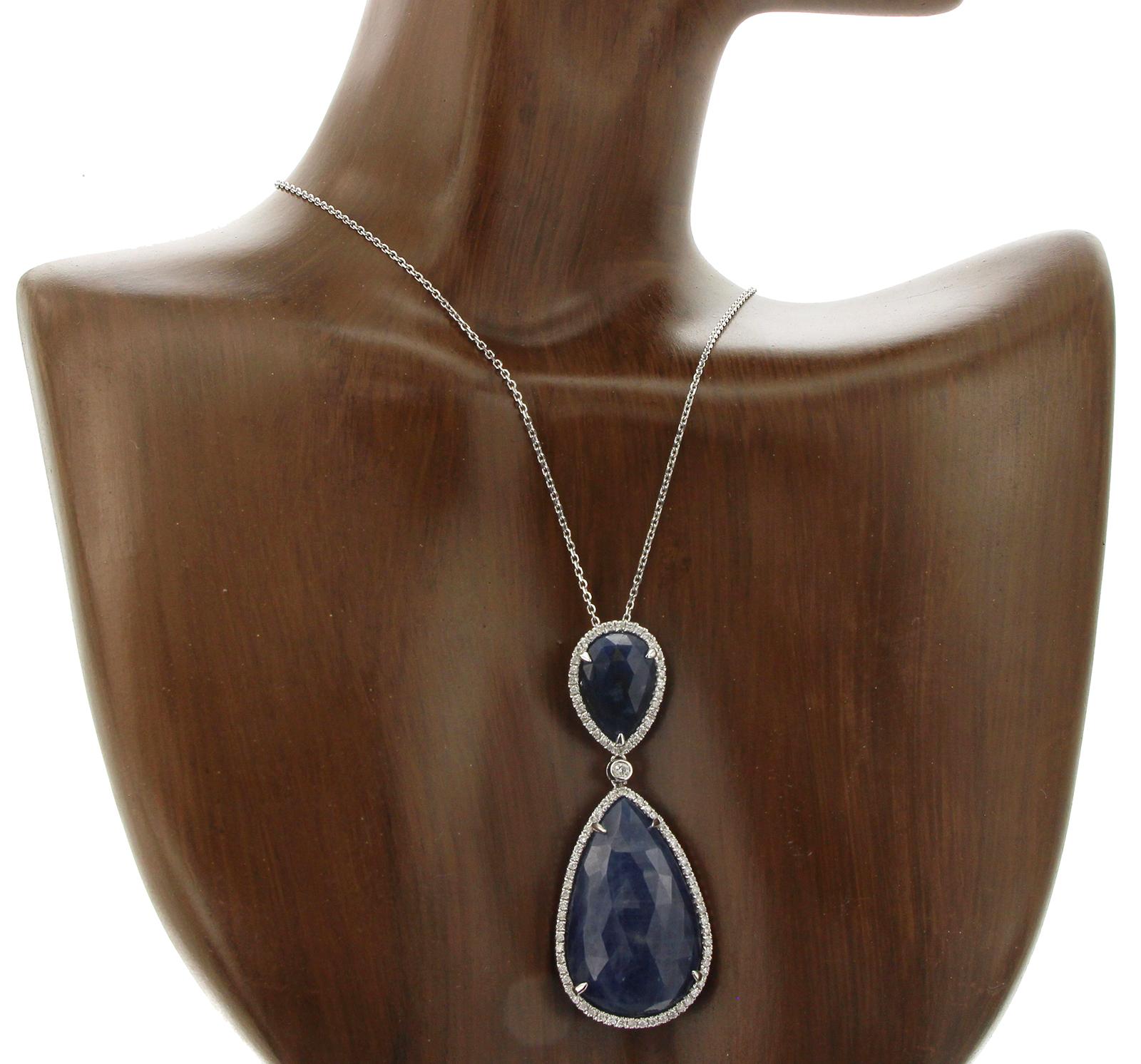 Rose Cut Sliced 27 Ct Blue Sapphire 0.43 Ct Diamonds 14k White Gold Necklace For Sale 1
