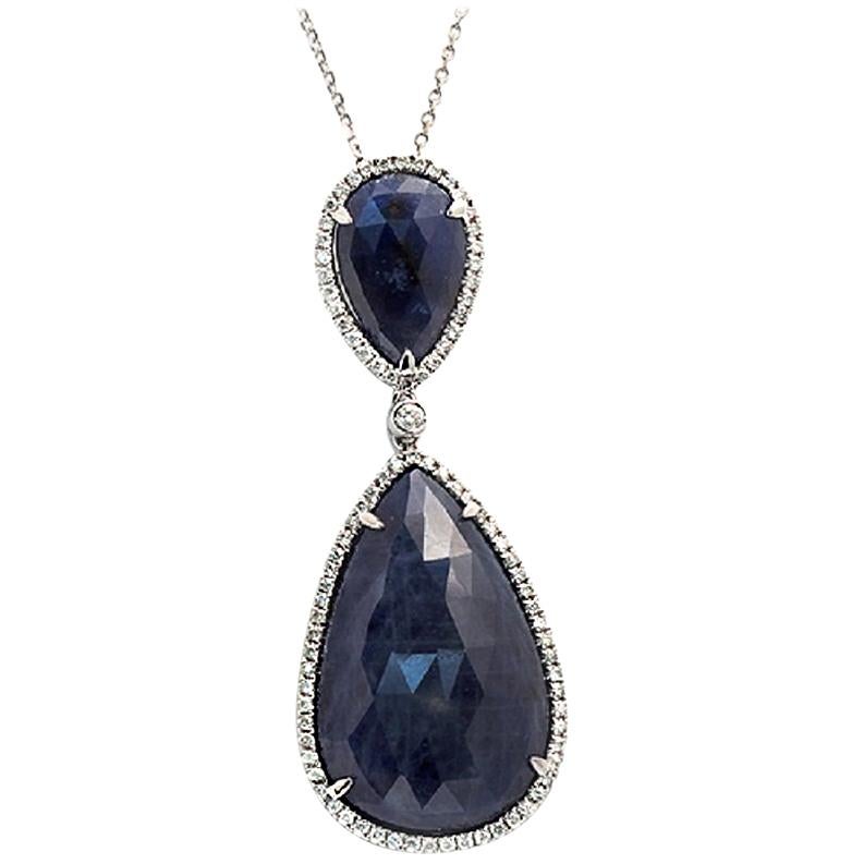 Rose Cut Sliced 27 Ct Blue Sapphire 0.43 Ct Diamonds 14k White Gold Necklace For Sale