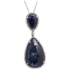 Rose Cut Sliced 27 Ct Blue Sapphire 0.43 Ct Diamonds 14k White Gold Necklace