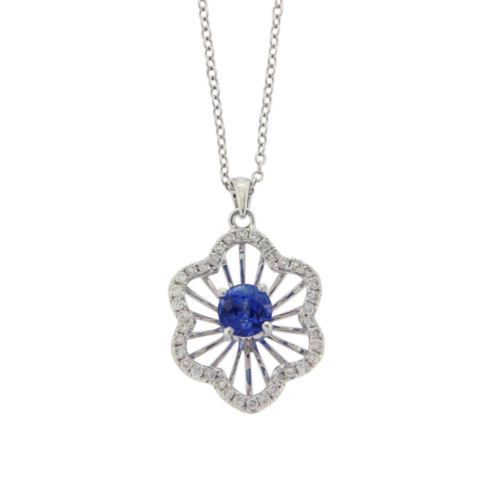 Rose Cut Sliced 27 Ct Blue Sapphire 0.43 Ct Diamonds 14k White Gold Necklace For Sale