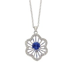 Rose Cut Sliced 27 Ct Blue Sapphire 0.43 Ct Diamonds 14k White Gold Necklace