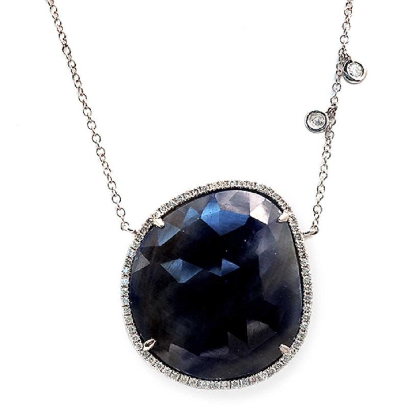Rose Cut Sliced 29 Ct Blue Sapphire 0.46 Ct Diamonds 14k White Gold Necklace For Sale