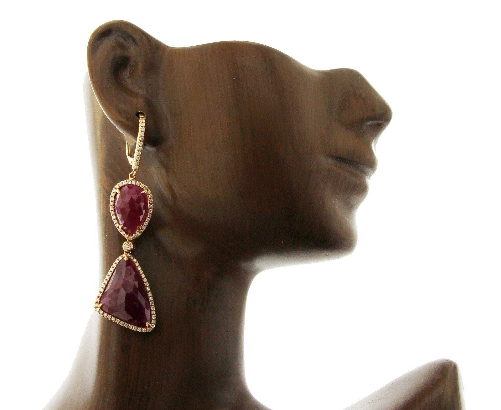 Rose Cut Sliced 29 Ct Natural Ruby 0.96 Ct Diamonds 14k Rose Gold Drop Earrings In New Condition For Sale In Los Angeles, CA