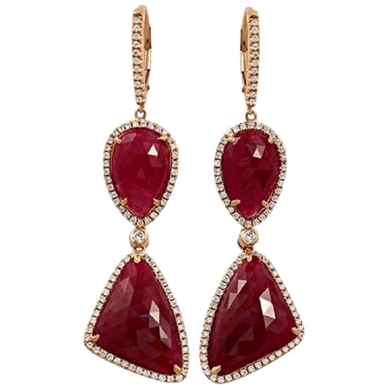 Rose Cut Sliced 29 Ct Natural Ruby 0.96 Ct Diamonds 14k Rose Gold Drop Earrings