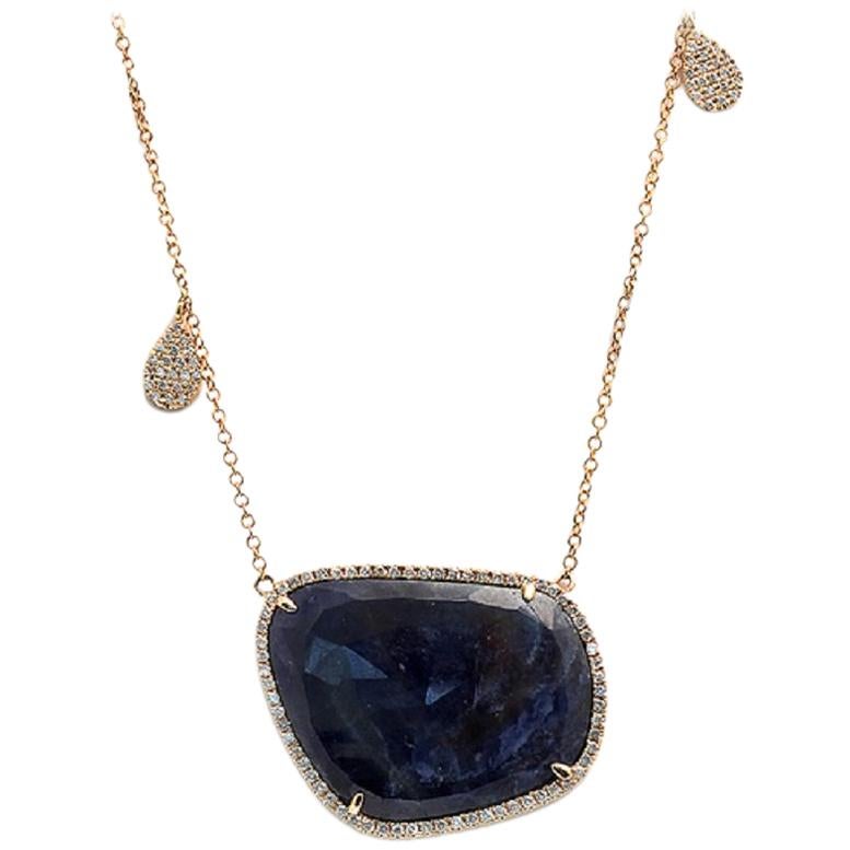 Rose Cut Sliced 30 Ct Blue Sapphire 0.67 Ct Diamonds 14k Yellow Gold Necklace