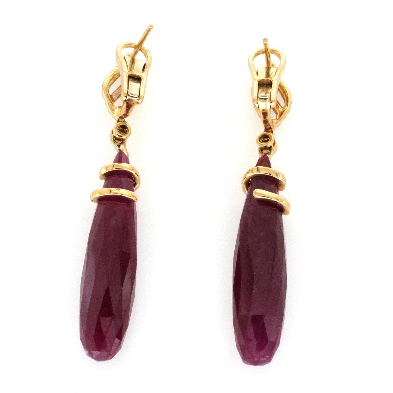 Orecchini a goccia in oro rosa 18k Rose Cut Sliced 31 Ct Natural Ruby 0.38 Ct Diamonds in vendita 1