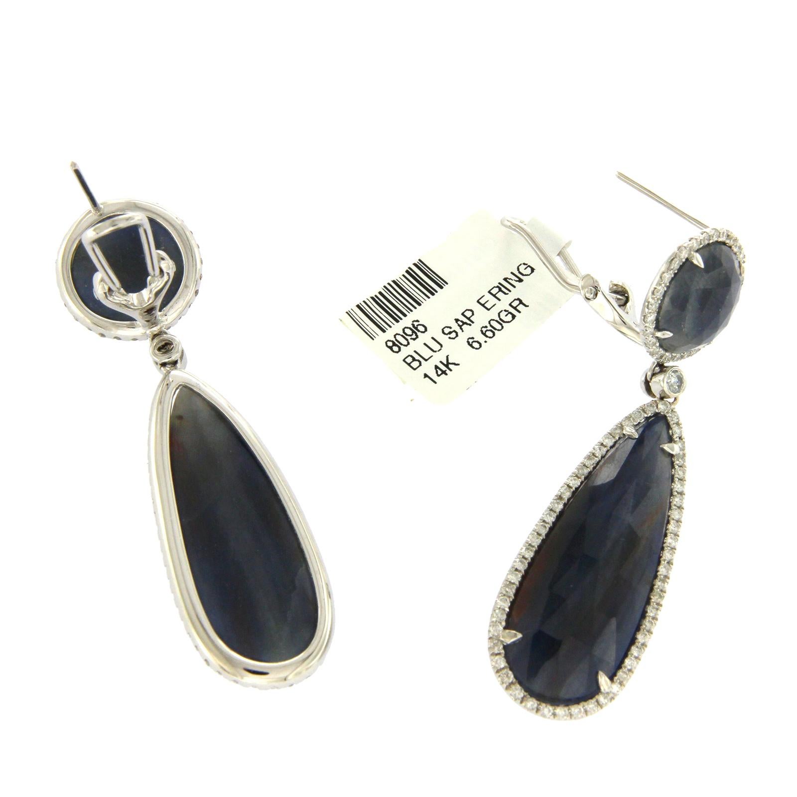 Rose Cut Sliced 33ct Blue Sapphire 1.04 Ct Diamonds 14k Gold Drop Earrings In Excellent Condition For Sale In Los Angeles, CA