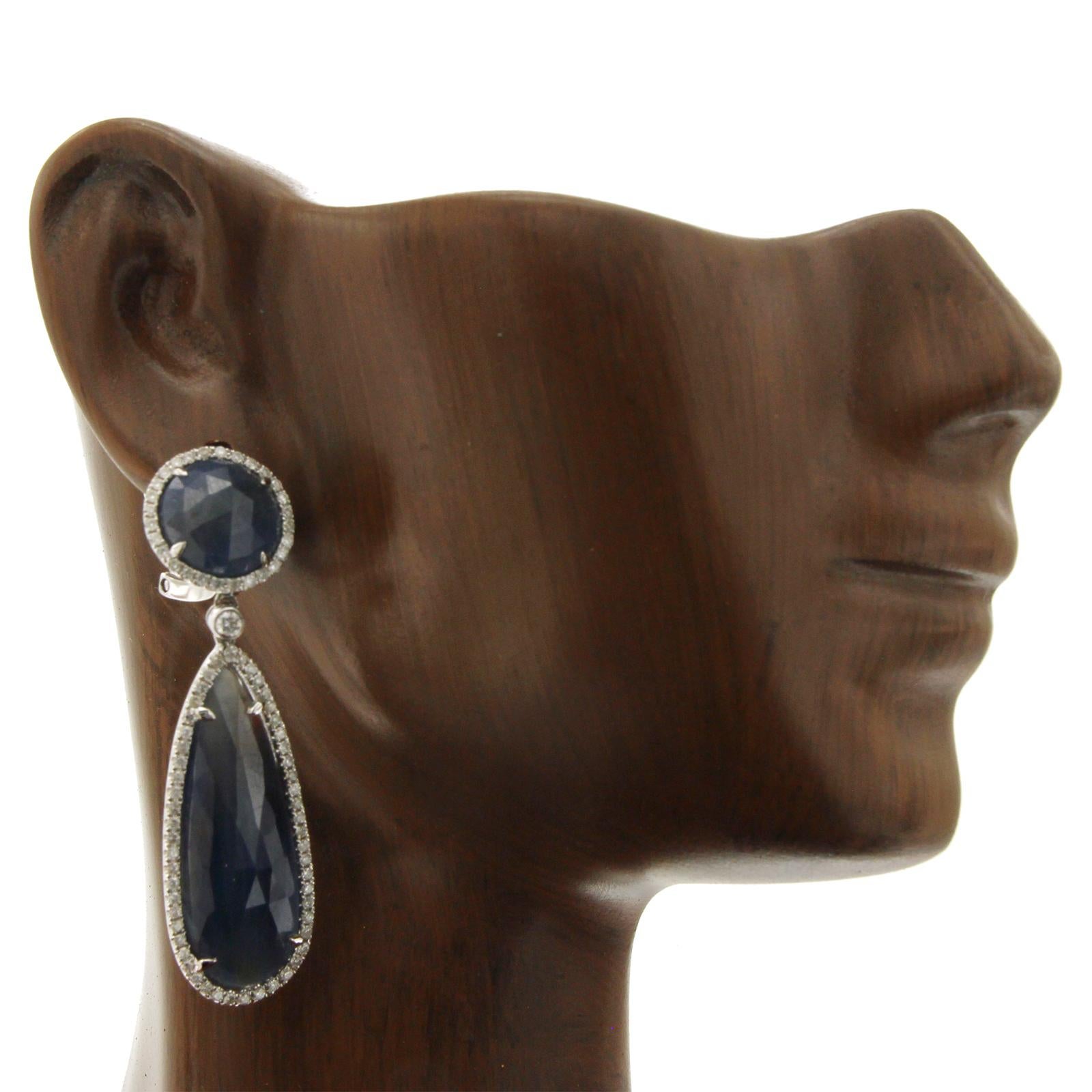 Women's Rose Cut Sliced 33ct Blue Sapphire 1.04 Ct Diamonds 14k Gold Drop Earrings For Sale