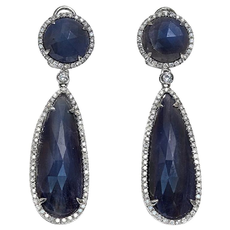 Rose Cut Sliced 33ct Blue Sapphire 1.04 Ct Diamonds 14k Gold Drop Earrings