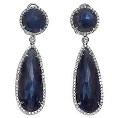 Boucles d'oreilles en goutte en or 14 carats avec saphir bleu de 33 carats et diamants de 1,04 carat, taille rose