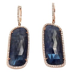 Rose Cut Sliced 44ct Blue Sapphire 0.77 Ct Diamonds 14k Gold Earrings
