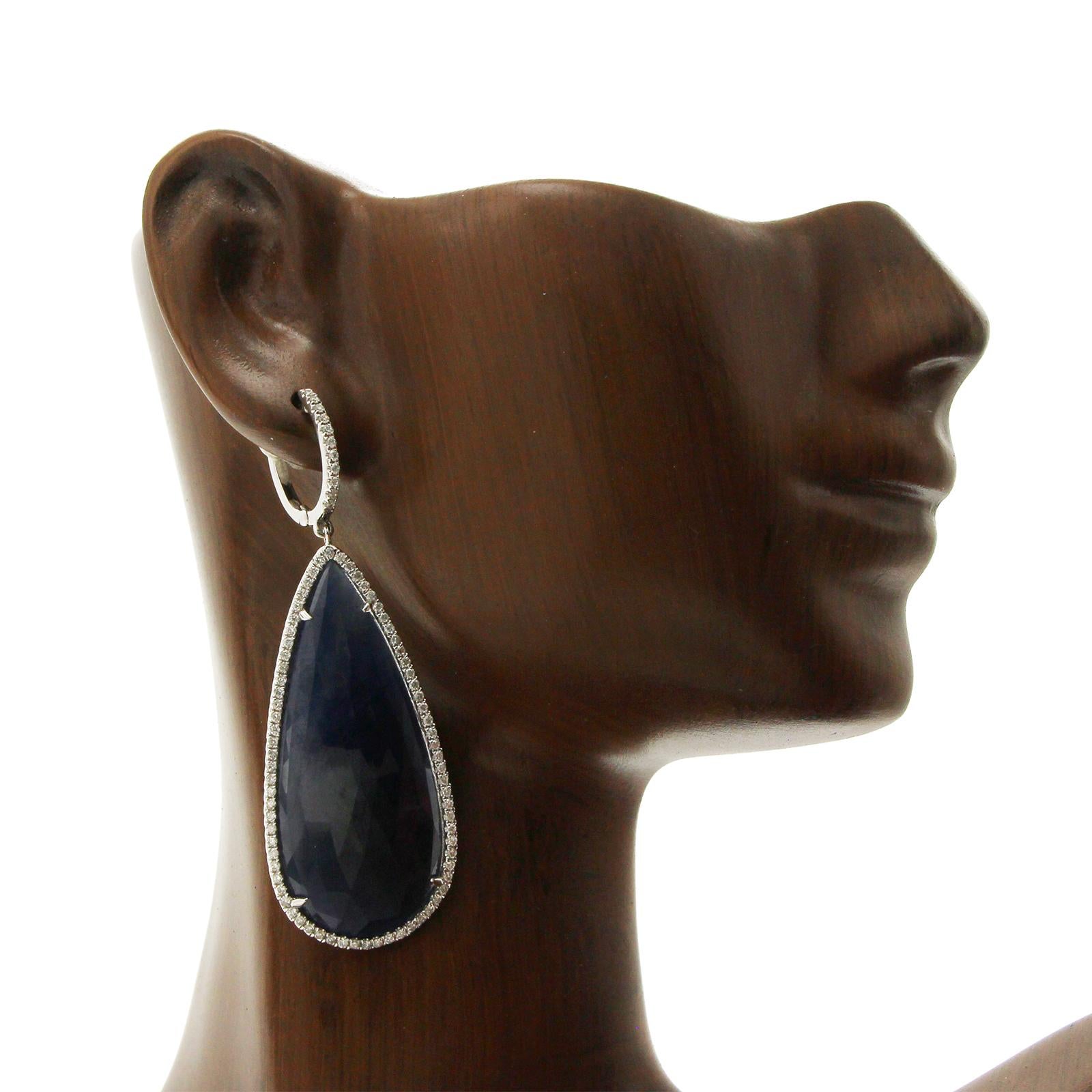Women's Rose Cut Sliced 49ct Blue Sapphire 1.00 Ct Diamonds 14k Gold Earrings For Sale