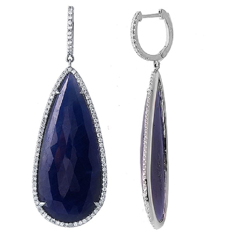 Rose Cut Sliced 49ct Blue Sapphire 1.00 Ct Diamonds 14k Gold Earrings For Sale