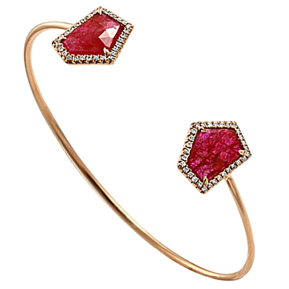 Rose Cut Sliced 5.56 Ct Ruby 0.36 Ct Diamonds 14k Rose Gold Bangle Bracelet For Sale