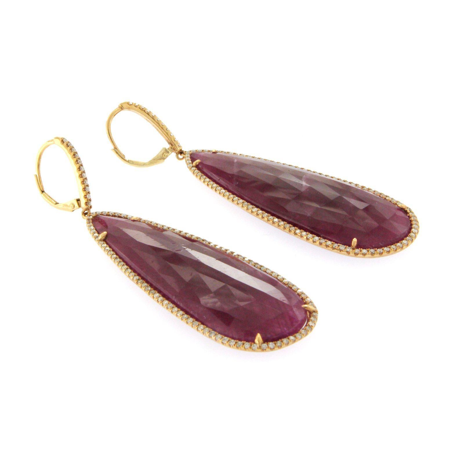 Rose Cut Sliced 74 Ct Natural Ruby 1.13 Ct Diamonds 14k Rose Gold Drop Earrings In New Condition In Los Angeles, CA