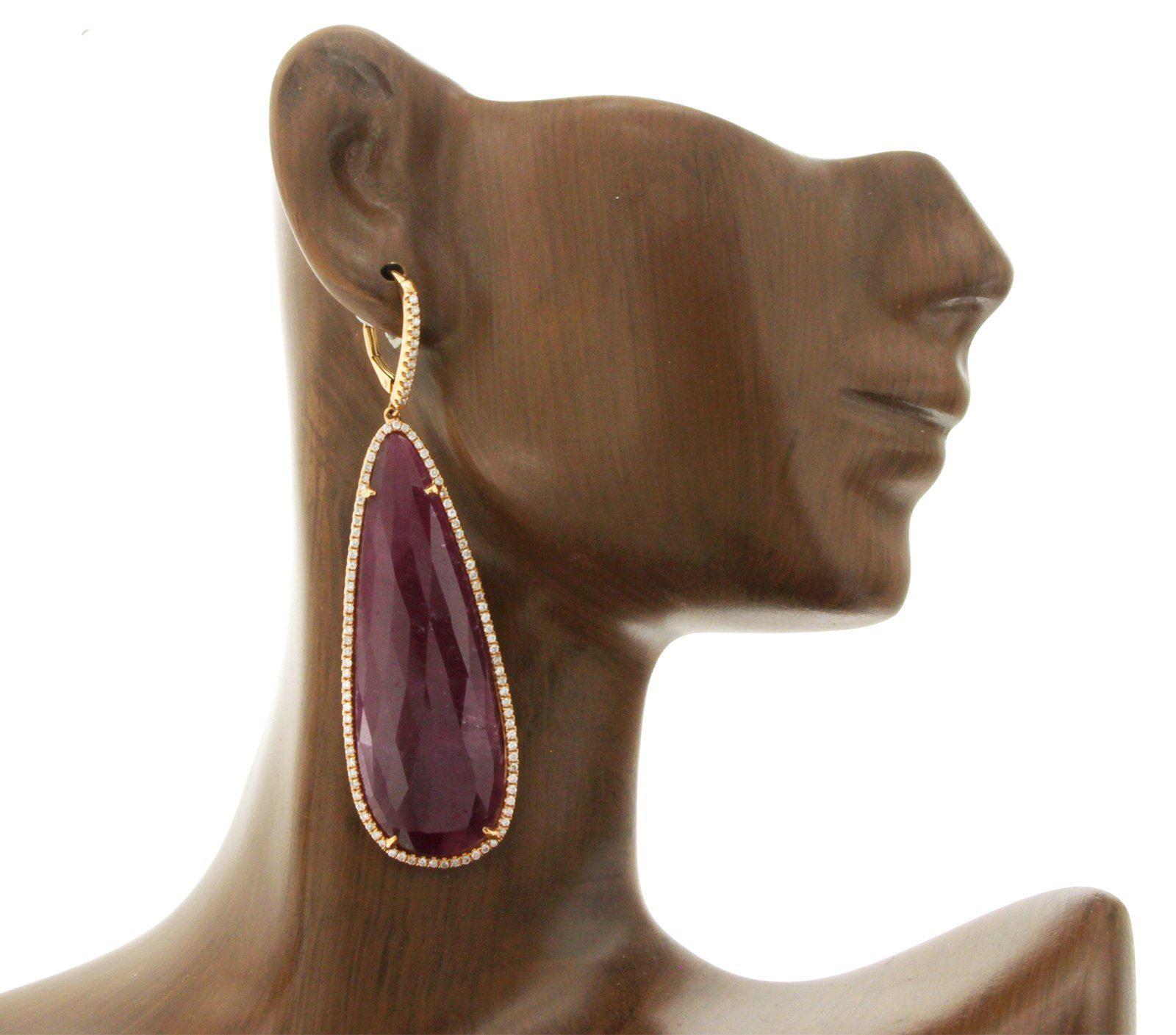 Women's Rose Cut Sliced 74 Ct Natural Ruby 1.13 Ct Diamonds 14k Rose Gold Drop Earrings