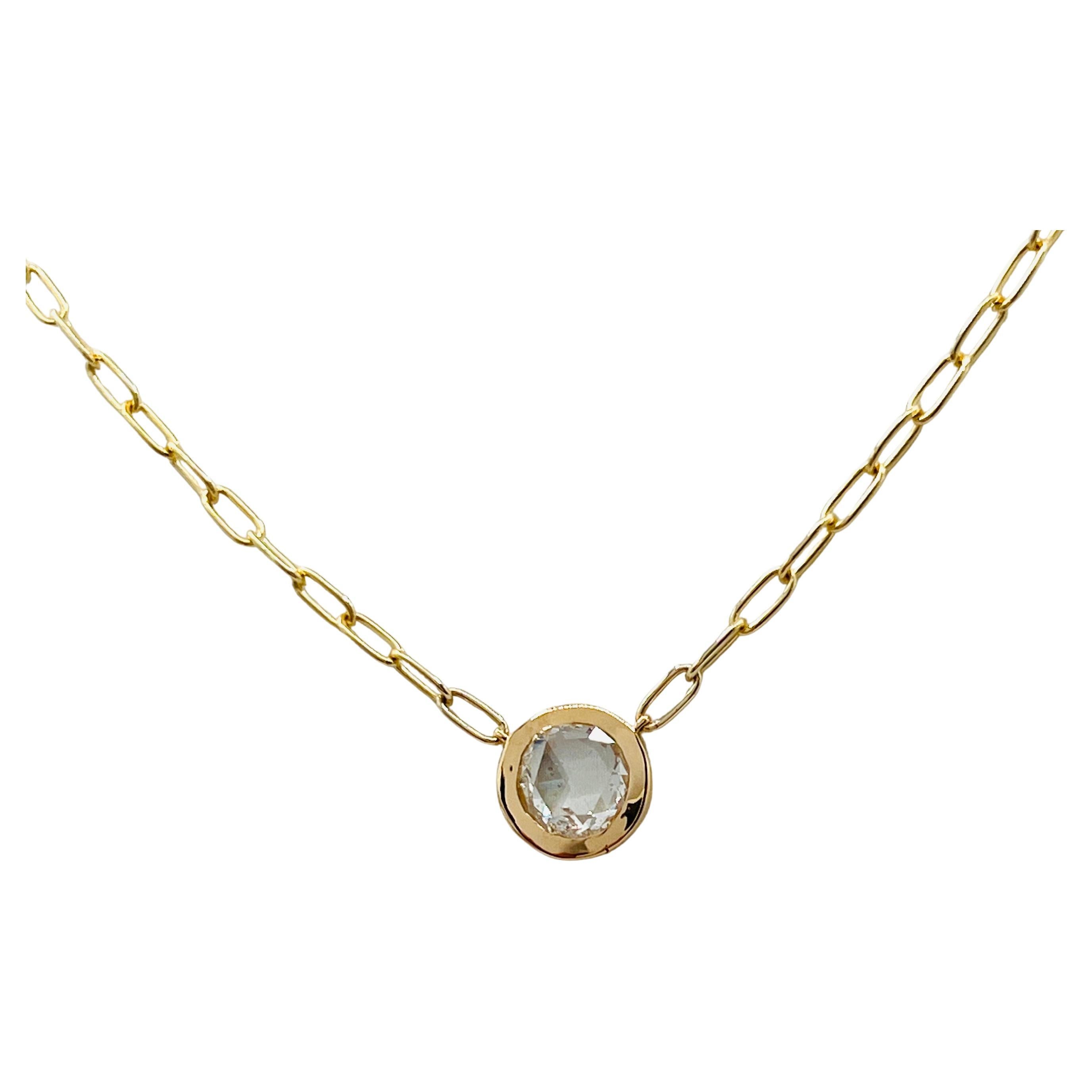 Collier en or 14K et 18K avec chaton en diamant blanc taillé en rose et chaîne en forme de trombone en vente