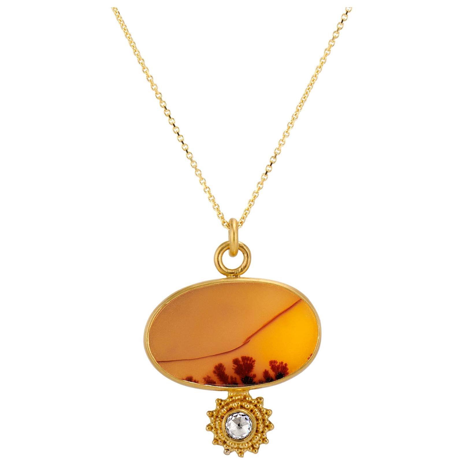 Gelbgold-Halskette mit Anhänger, weißer Diamant im Rosenschliff, zylindrischer Achat, Granulation
