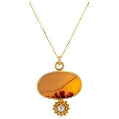 Rose Cut White Diamond Dendritic Agate Granulation Yellow Gold Pendant Necklace