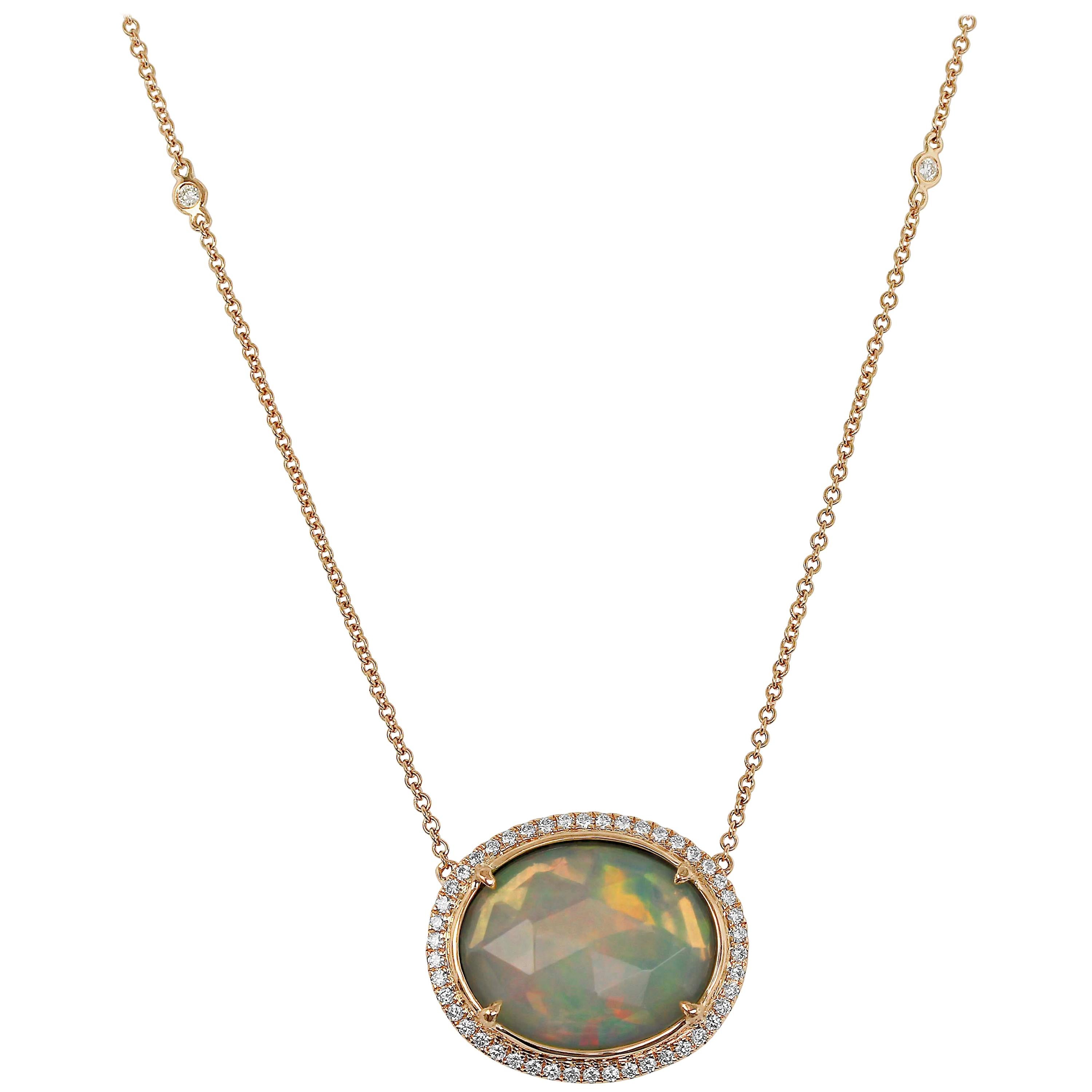 Rose-Cut White Opal and Diamond Necklace For Sale