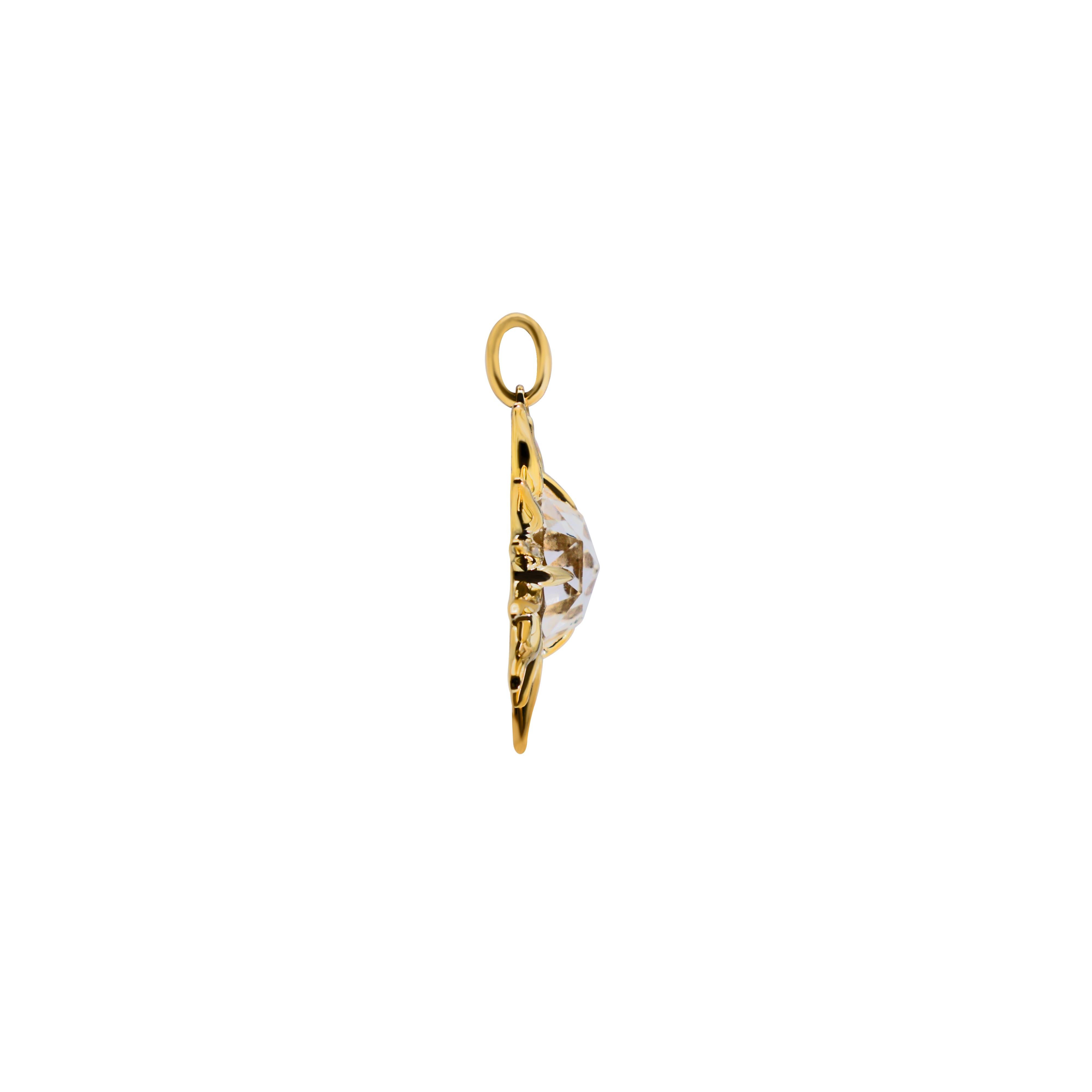 Modern Rose Cut White Sapphire Golden Sun Pendant, 10Kt Gold with Paper-link Chain For Sale