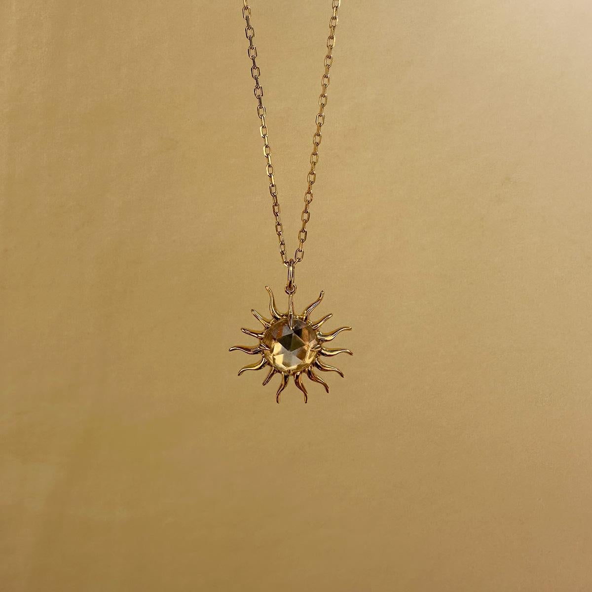 Rose Cut White Sapphire Golden Sun Pendant, 10Kt Gold with Paper-link Chain For Sale 1