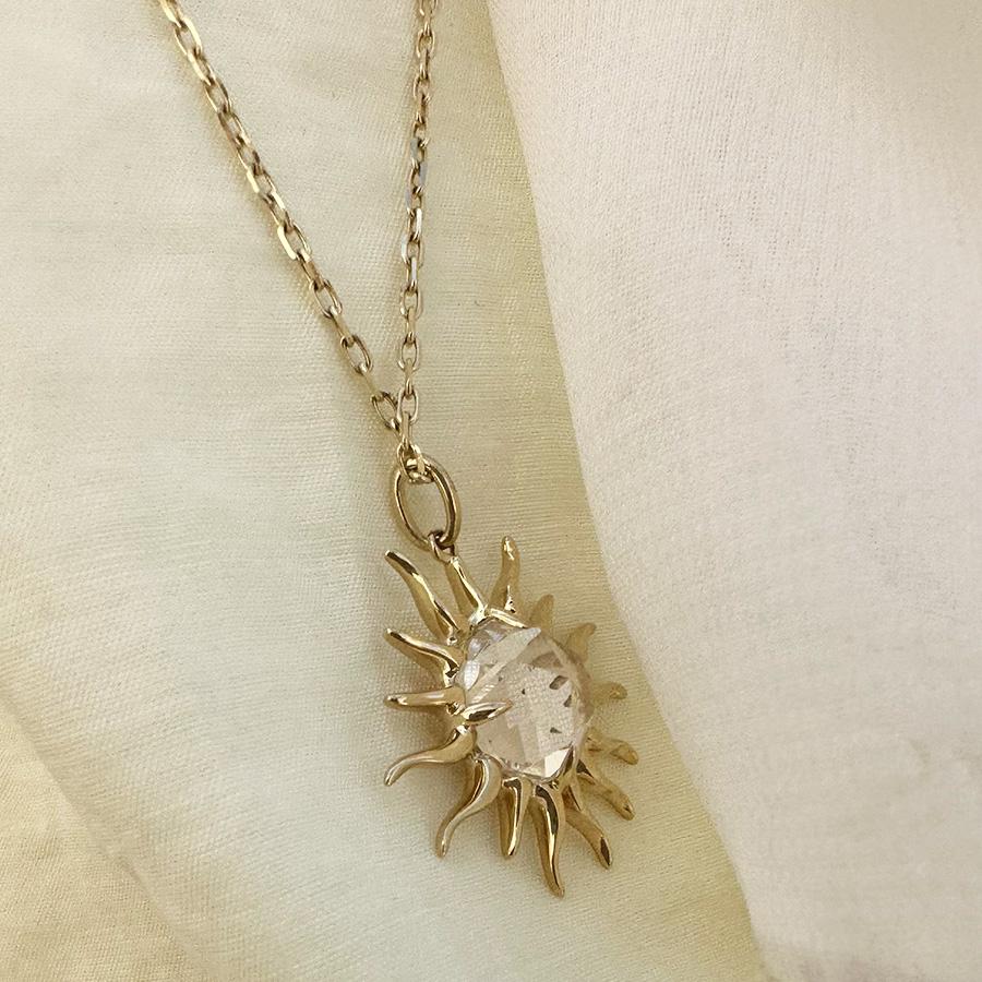 Rose Cut White Sapphire Golden Sun Pendant, 10Kt Gold with Paper-link Chain For Sale 3