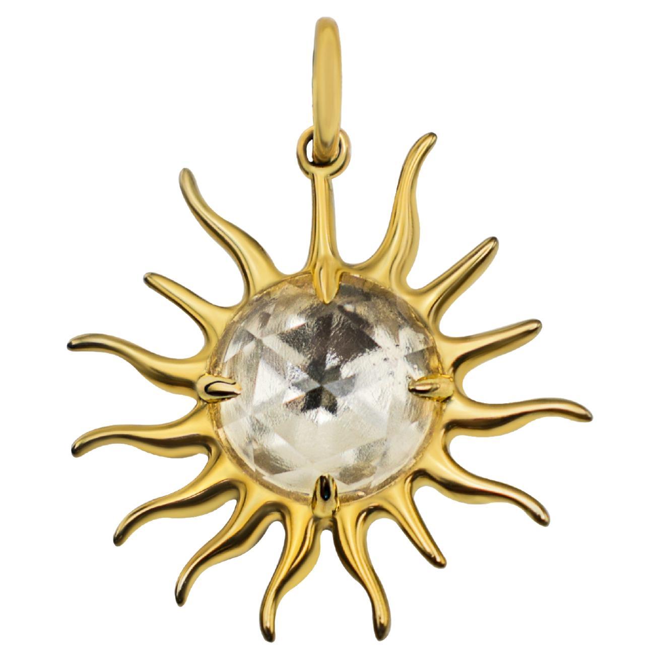Rose Cut White Sapphire Golden Sun Pendant, 10Kt Gold with Paper-link Chain For Sale