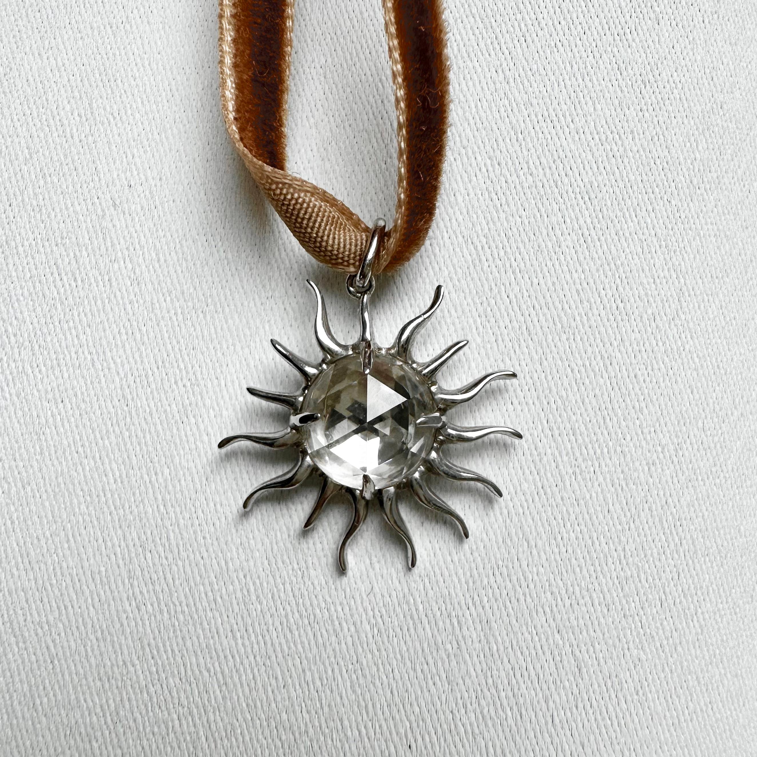 Rose Cut White Sapphire Sun Pendant, Silver with Paper-Link Chain In New Condition For Sale In Stoke-On-Trent, GB