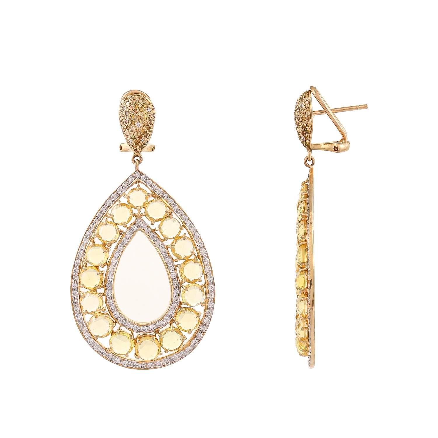 Rose cut yellow sapphires make the most alluring shapes in a pear drop in 18kt gold earrings. Topped with yellow colored pave set 0.56ct diamonds top will make the perfect jewelry you could pair any outfit with