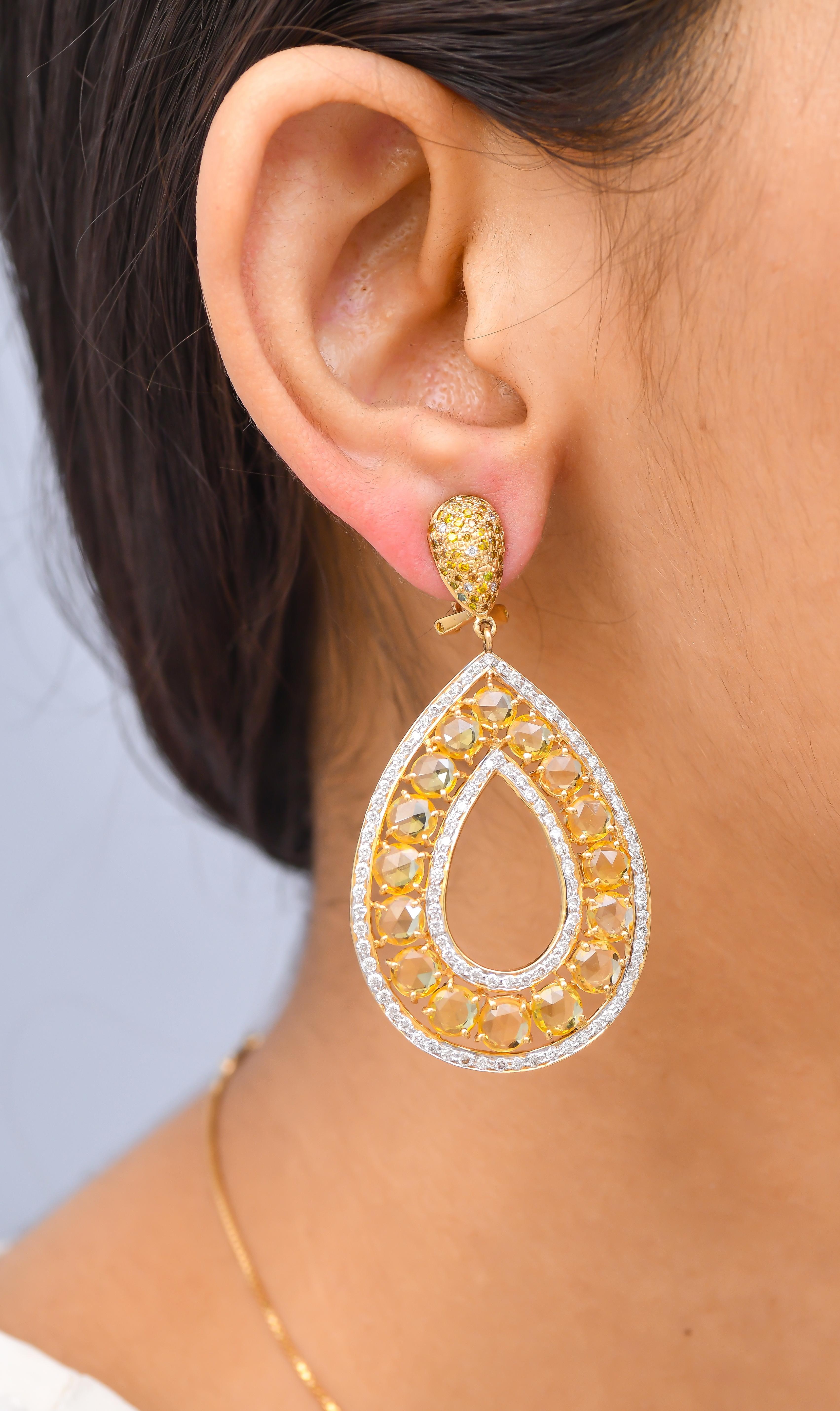 Rose Cut Yellow Sapphire Fancy Diamond Drop Earring In New Condition For Sale In Jaipur, Jaipur