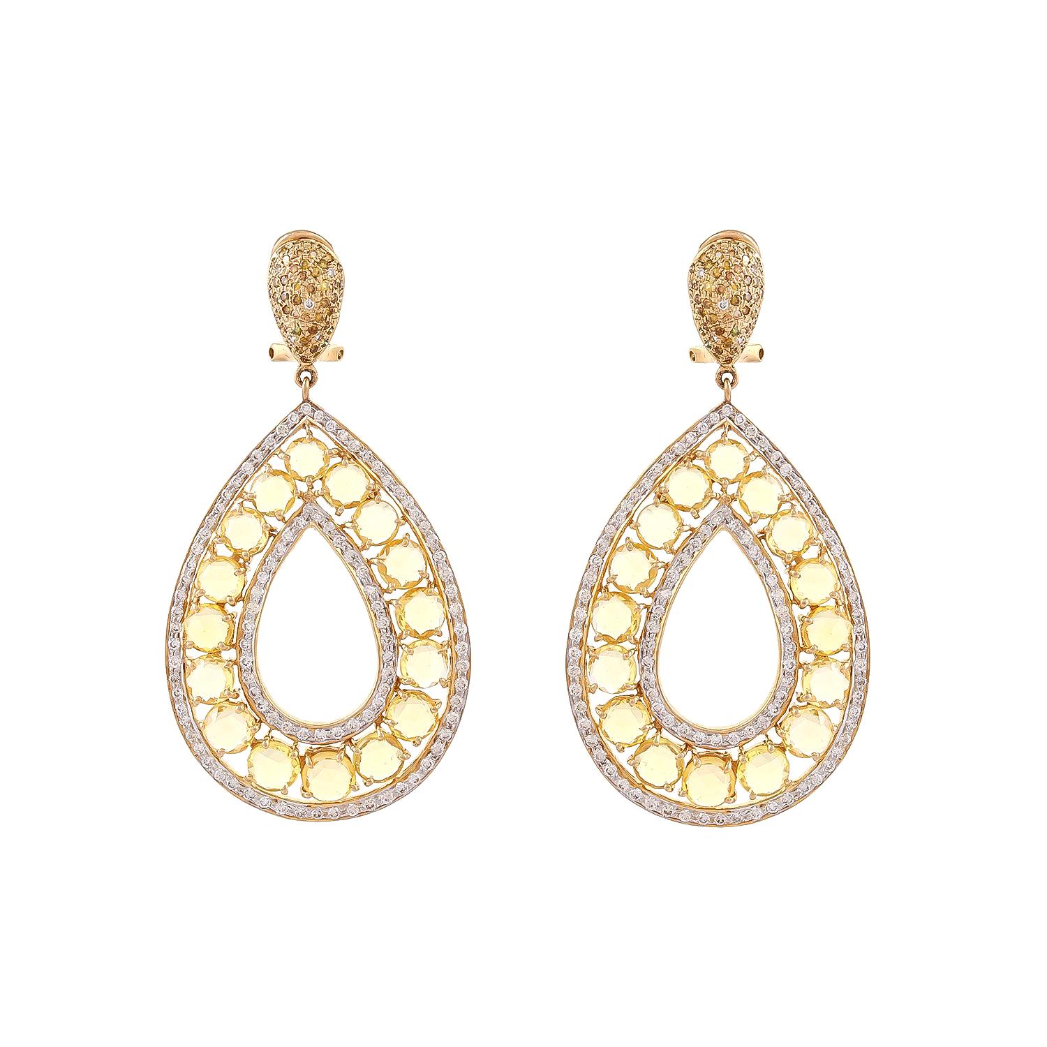 Rose Cut Yellow Sapphire Fancy Diamond Drop Earring For Sale