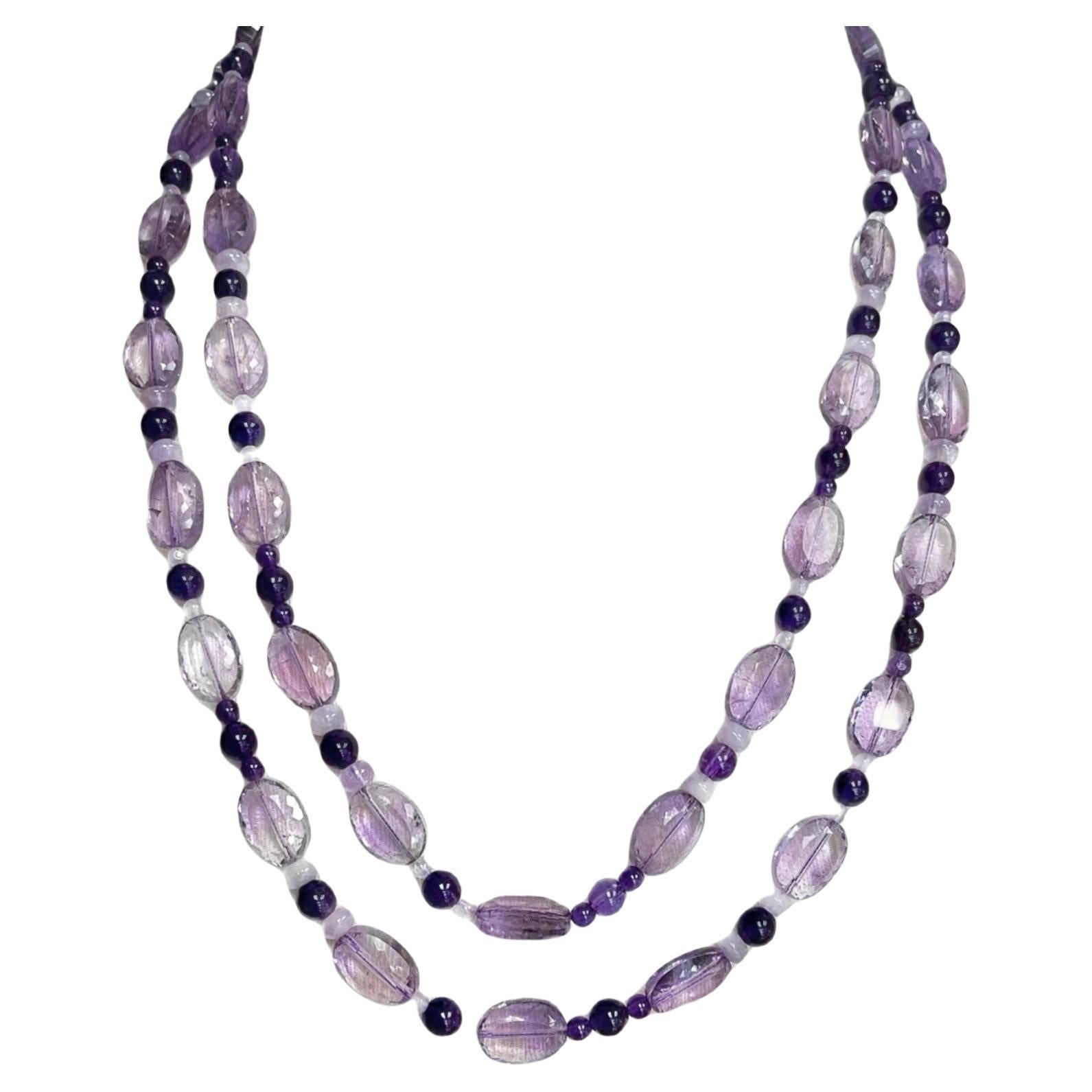 Rose de France, Amethyst und Kunzit Perlenkette, 46 Zentimeter lang