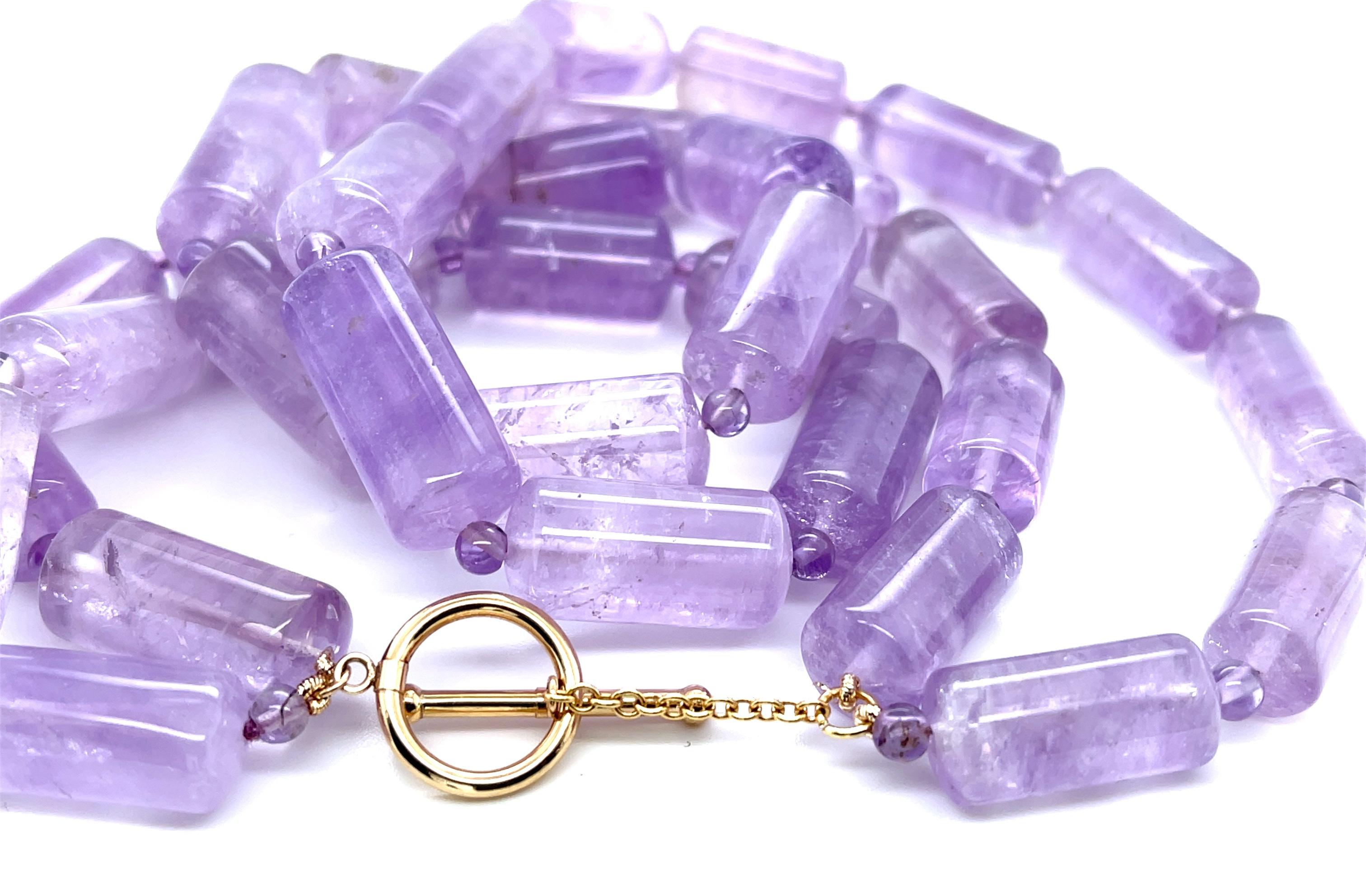 Bead Rose de France Amethyst Cylinder Necklace, Double Strand with 14k Yellow Gold