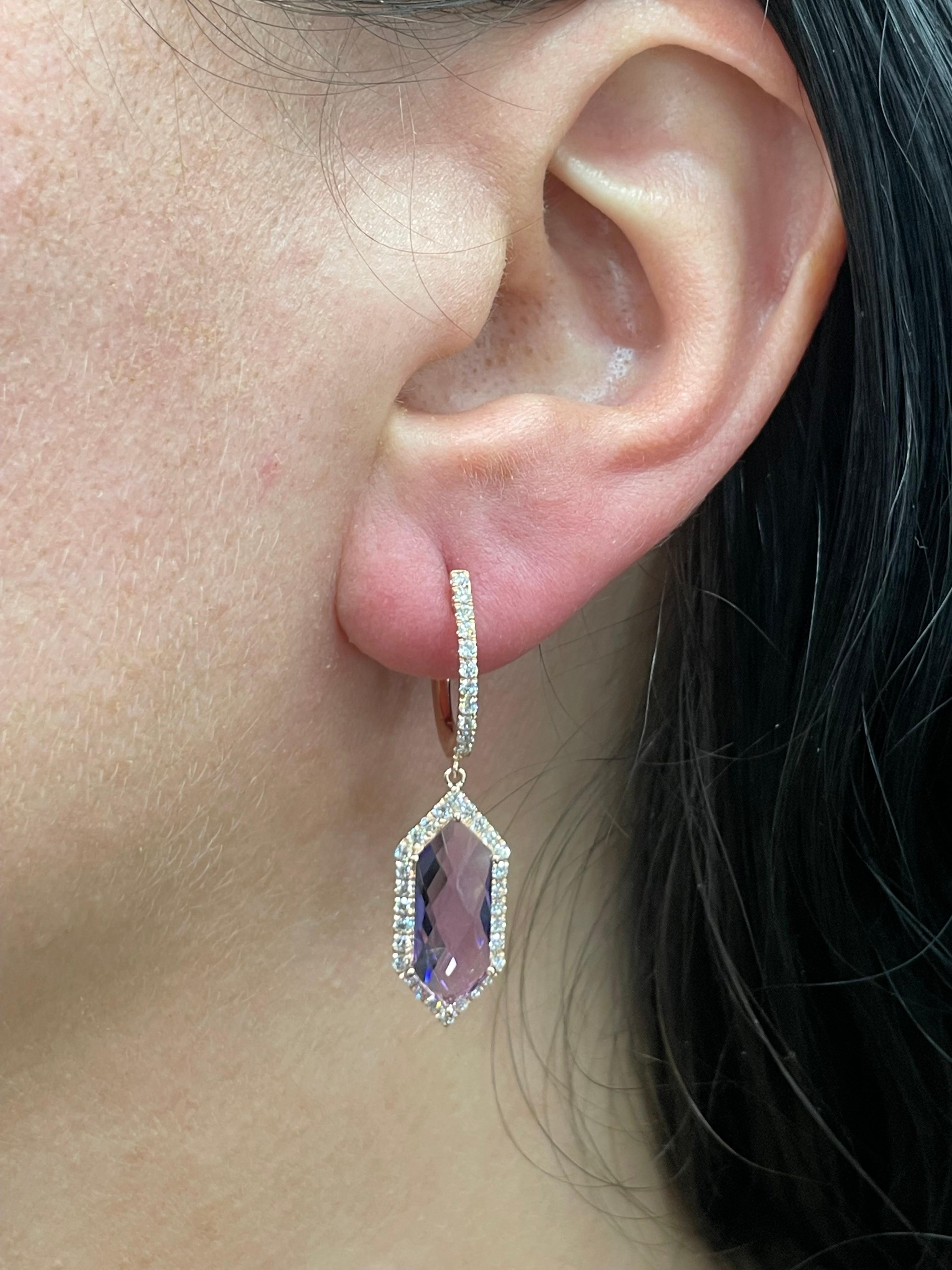 Contemporary Rose De France Amethyst Diamond Halo Drop Earrings 5.74 Carats 14KT Rose Gold For Sale