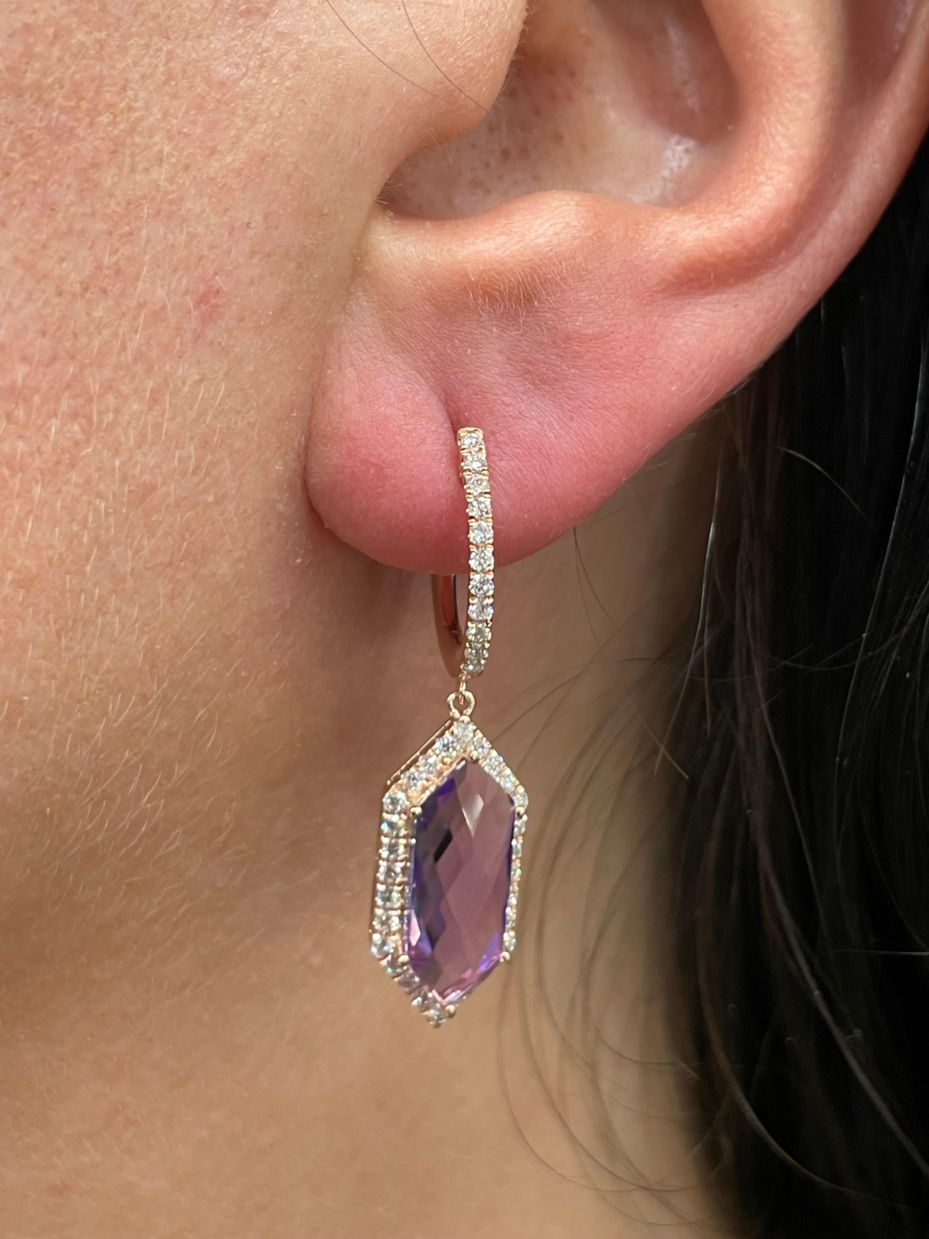 Rose De France Amethyst Diamond Halo Drop Earrings 5.74 Carats 14KT Rose Gold In New Condition For Sale In New York, NY