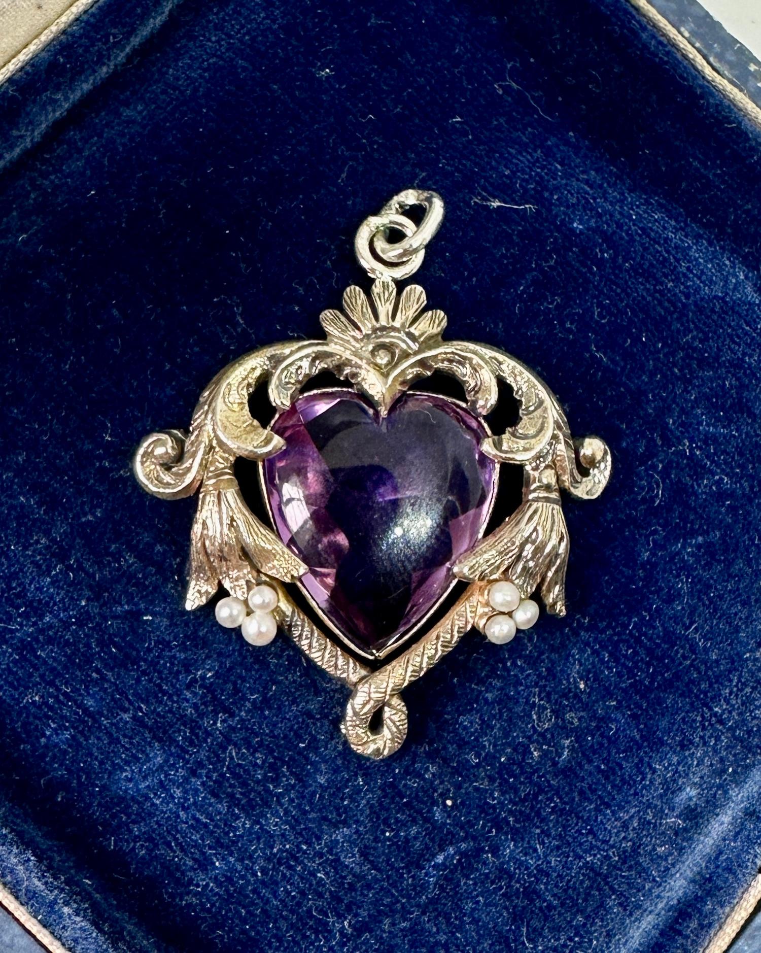 Heart Cut Rose De France Amethyst Heart Pendant Necklace Art Nouveau Sterling Silver Pearl For Sale
