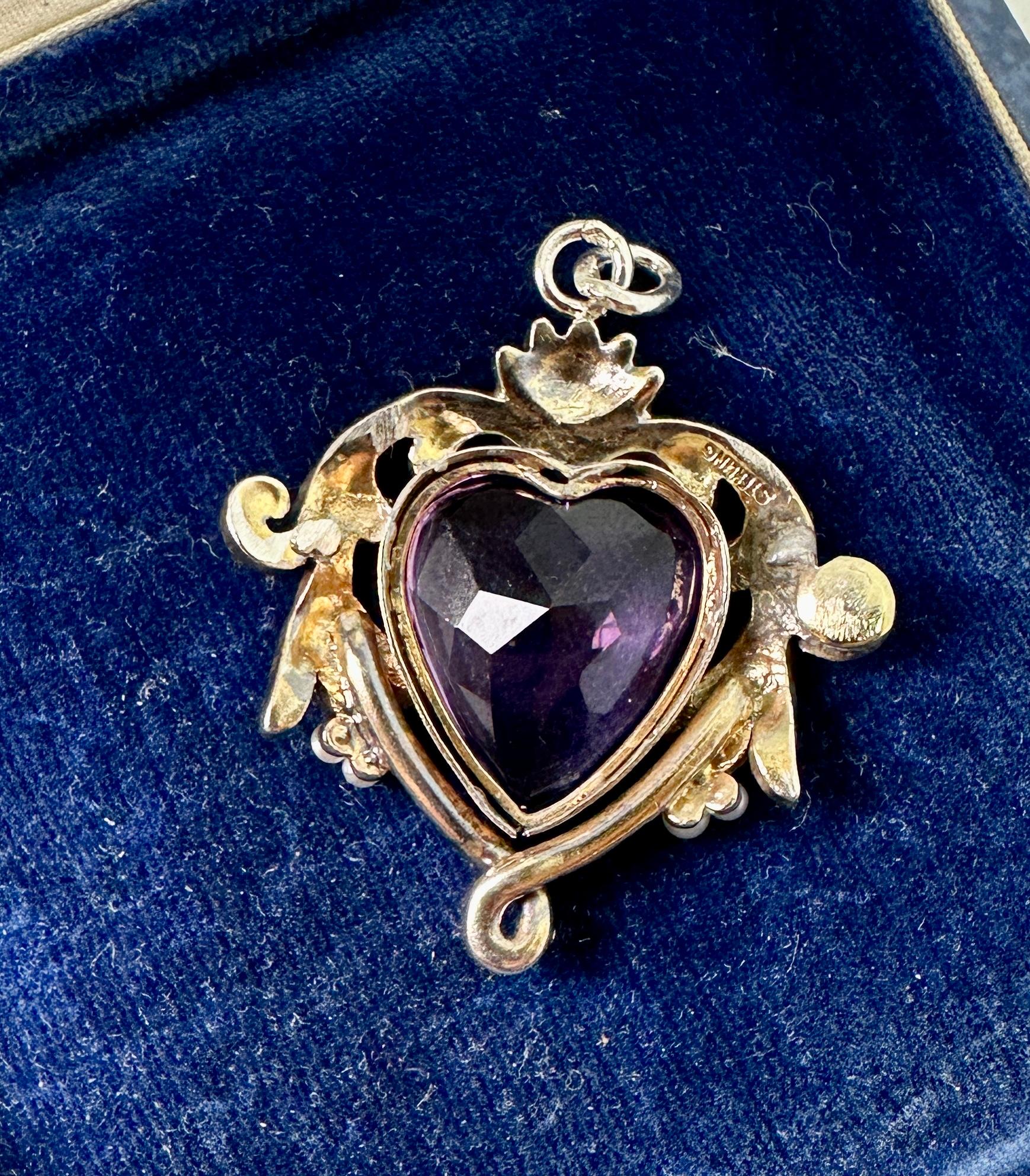 Women's Rose De France Amethyst Heart Pendant Necklace Art Nouveau Sterling Silver Pearl For Sale