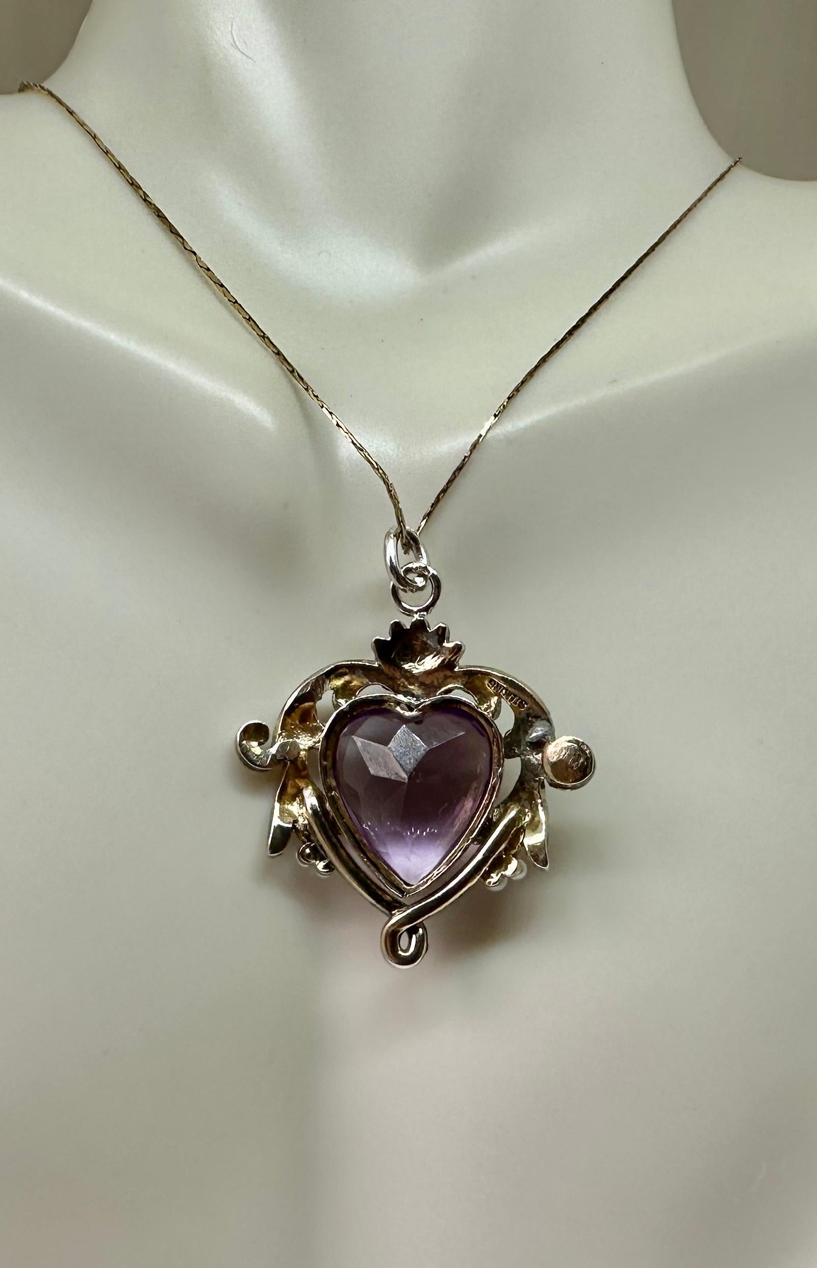 Rose De France Amethyst Heart Pendant Necklace Art Nouveau Sterling Silver Pearl For Sale 1