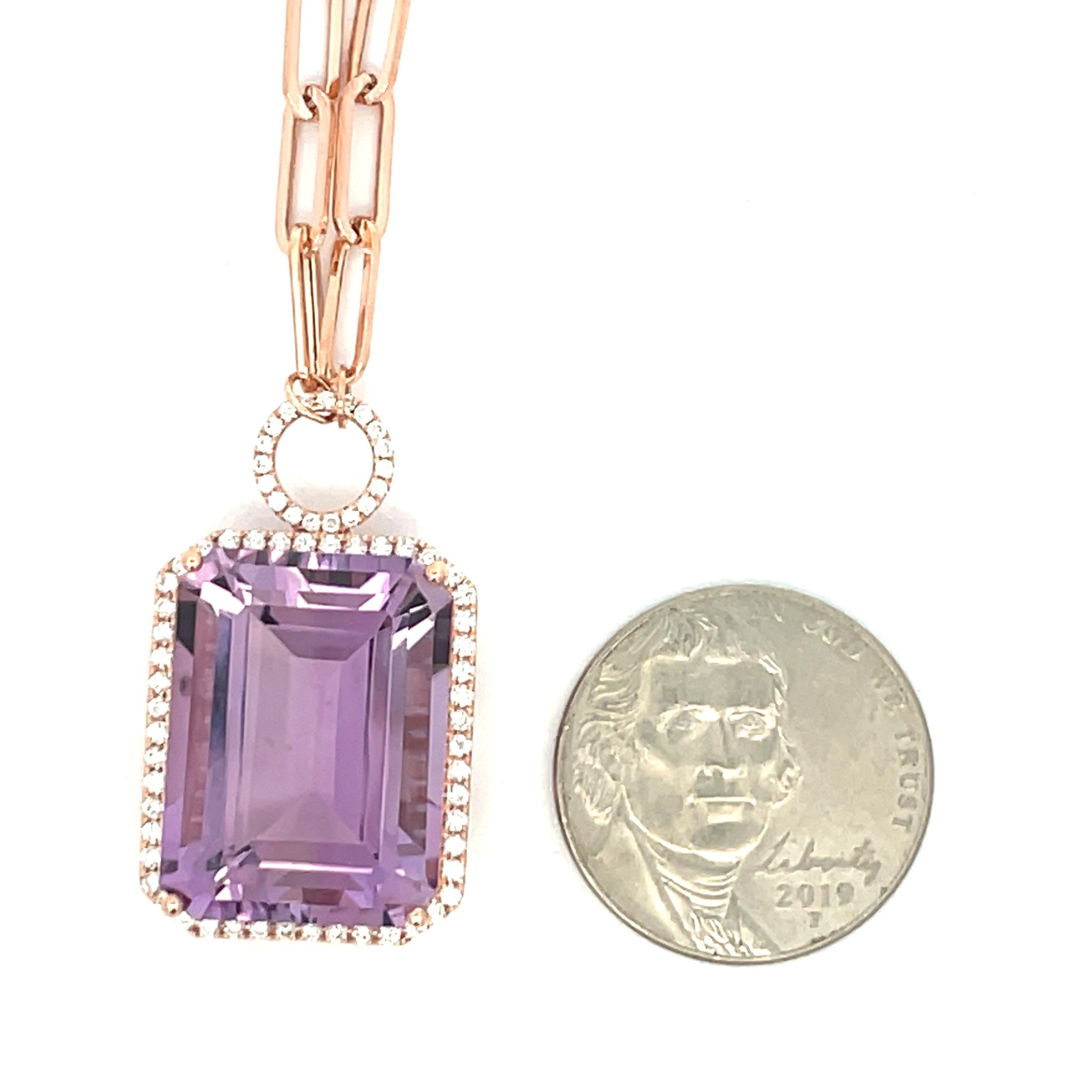 14 Karat Rose gold pendant featuring one Rose De France emerald cut weighing 22.11  carats flanked with 69 round brilliants weighing 0.49 carats on a paperclip chain. 

Amethyst: 
20 MM* 15 MM

Pendant with diamonds:
22.2 MM * 17.8 MM

More Amethyst