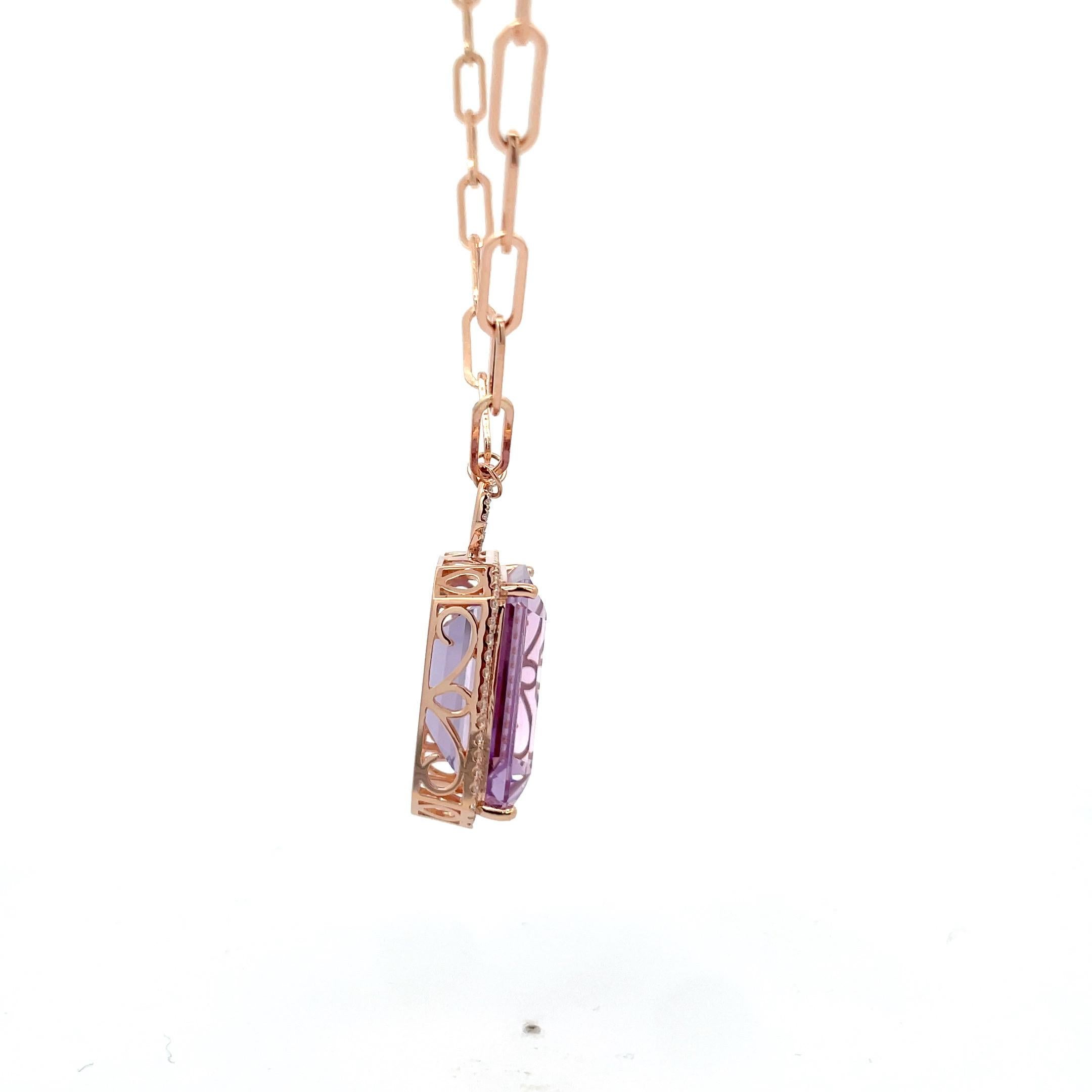 Women's Rose De France Diamond Halo Paperclip Pendant Necklace 22.60 Carats 14KT Gold For Sale